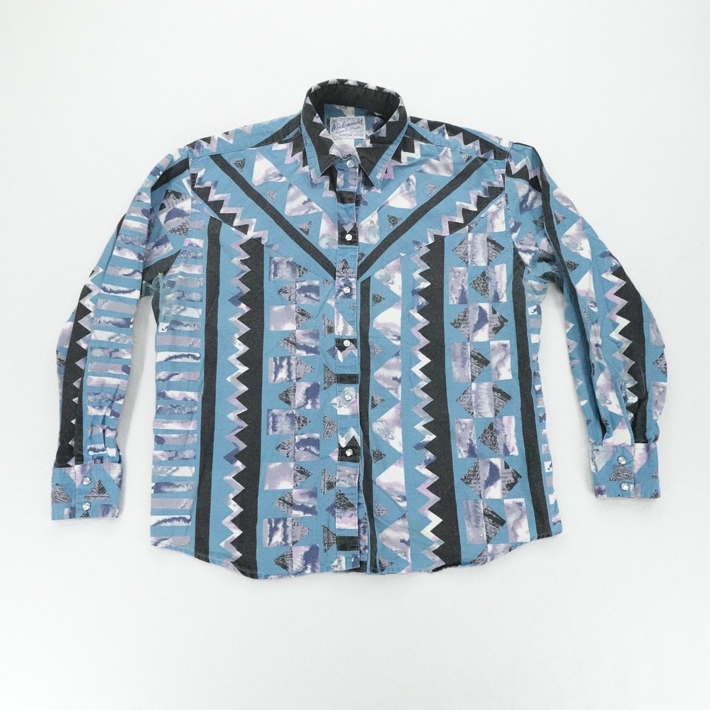Rockmount Ranch Wear Western Shirt Womens L Blue Southwestern Pearl Snap Vintage